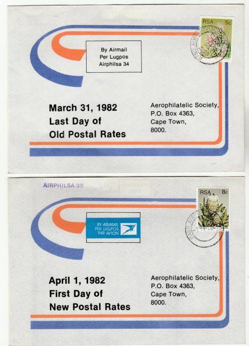 RSA-2 FLOWN COVERS,LAST AND FIRST DAY,OLD AND NEW POSTAL RATES-1982