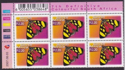 RSA - 7TH DEF ISSUE: BUTTERFLIES, R2.20 CONTROL BLOCK OF 6 (SCARCER ONE) - FINE U/M!!!!!
