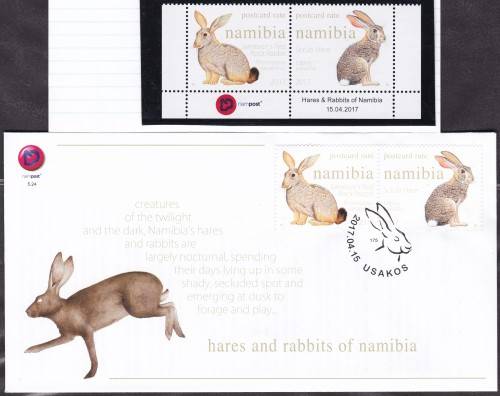 NAMIBIA - 2017 HARES & RABBITS, FDC 5.20 WITH U/M IMPRINT PAIR - FINE!!!!!