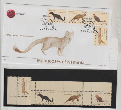 NAMIBIA-2012 MONGOOSES OF NAMIBIA-FDC 4.5 PLUS FINE UM SET OF CORNER SINGLES
