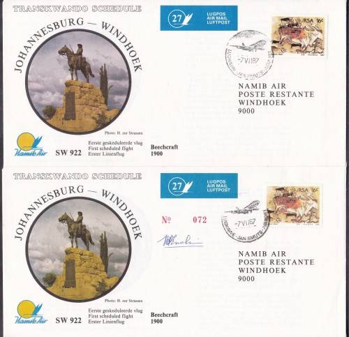 NAMIBIA - NAMIB AIR, 2 X FLIGHT FDC'S NO.27, 1 X UNSIGNED & 1 X SIGNED - FAIR!!!!!
