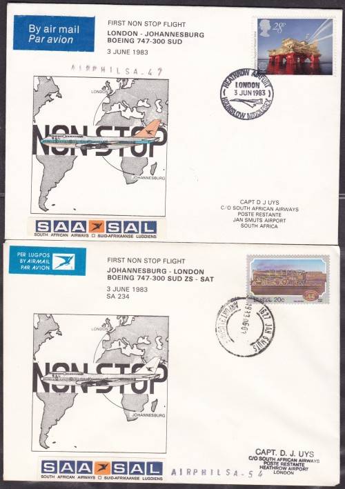 RSA - SA AIRWAYS, 1ST NON STOP FLIGHT LONDON TO JHB - SET OF 2 FDC'S!