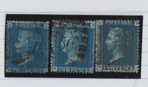 GREAT BRITAIN-QUEEN VIC-3 X 2 PENNY BLUE-PERFORATED,INCLUDES ONE INTENSE BLUE-FINE USED