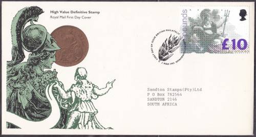 GB - 10 POUND HIGH VALUE DEFINITIVE STAMP, ROYAL MAIL FDC - FINE!!!!!