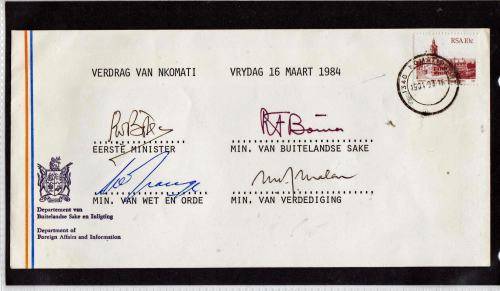 RSA-RARE SIGNED COVER-1984 NKOMATI ACCORD-PW BOTHA,PIK BOTHA,L.LE GRANGE,MAGNUS MALAN-RARE FEW !!
