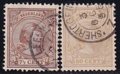 NETHERLANDS - 1891-1894 QUEEN WILHEMINA, 7&1/2c + 50c SINGLES, FINE USED - CV:R970!!!!!
