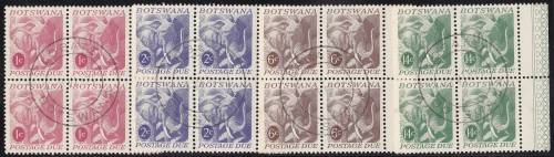 BOTSWANA - POSTAGE DUES ELEPHANTS, FINE USED SET OF 4 IN BLOCKS OF 4 - CV:R550!!!!!