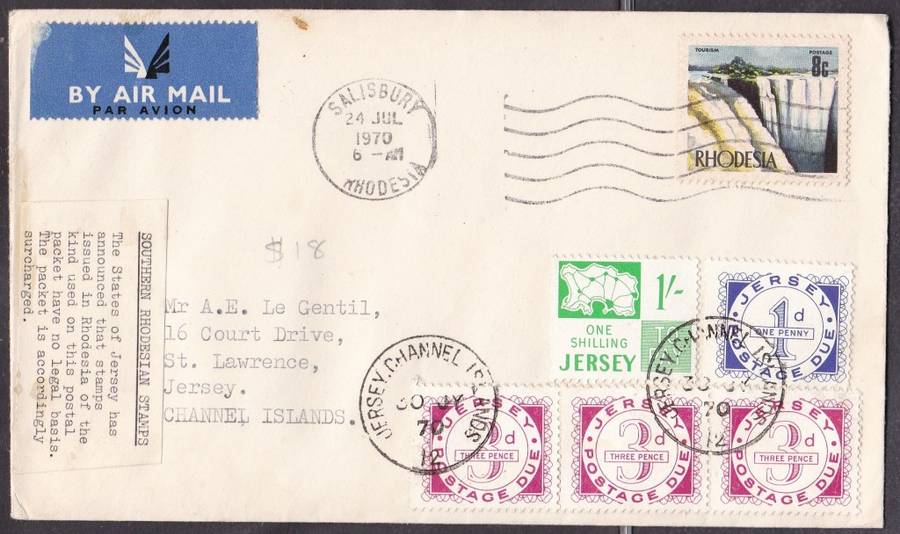RHODESIA - COVER TO JERSEY, TAXED WITH POSTAGE DUES, UNUSUAL - FAIR!!!!!