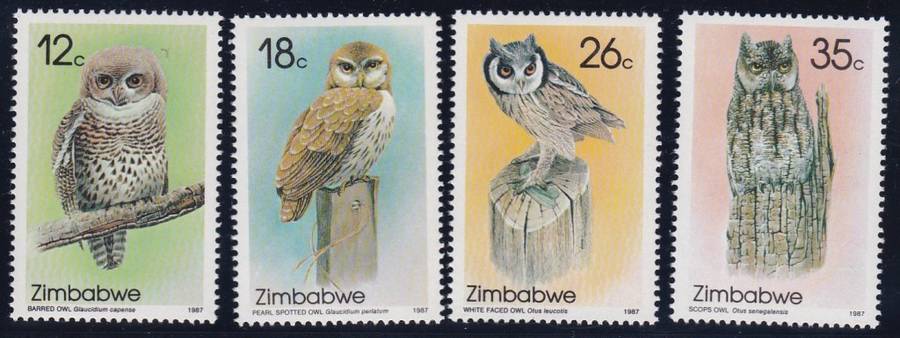 ZIMBABWE - OWLS, SET OF 4 SINGLES - FINE U/M!!!!!