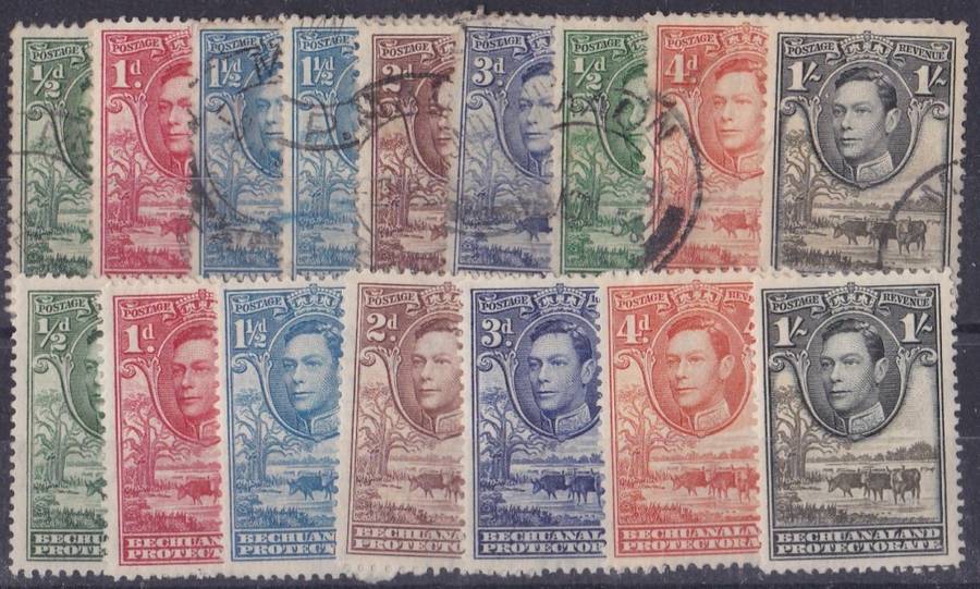 BECHUANALAND - 1938 KGVI, ASSORTED U/M + USED SINGLES TO 1 SHILLING, ALL FINE - CV: APPROX R850