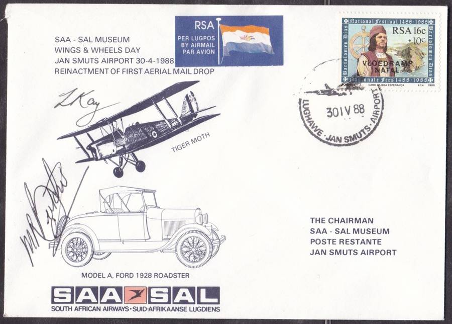 RSA - SA AIRWAYS, MUSEUM WINGS & WHEELS DAY FDC, SIGNED BY PILOT + DRIVER - FINE & SCARCE
