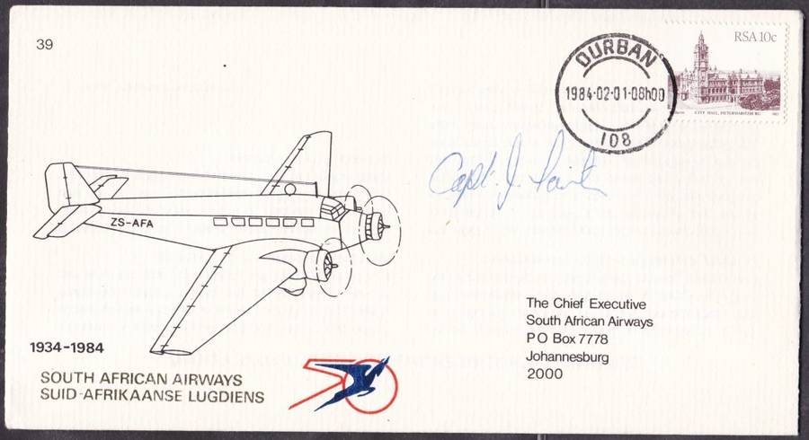 RSA - SOUTH AFRICAN AIRWAYS COVER NO.39, SIGNED BY CAPTAIN - FINE