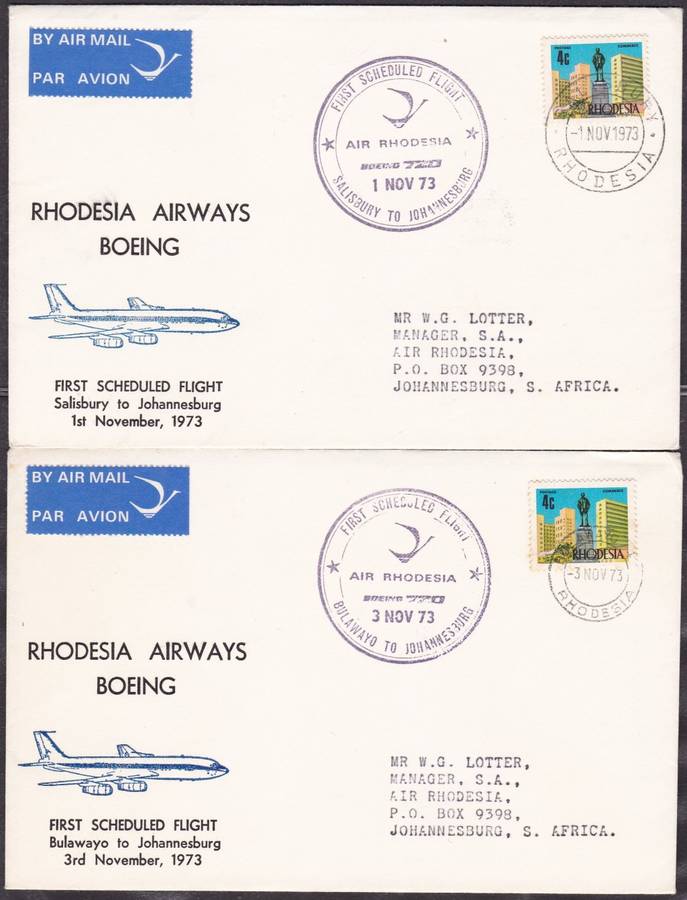 RHODESIA - RHODESIA AIRWAYS, 2 X BOEING 1ST FLIGHT COVERS: BULAWAY + SALISBURY TO JHB - FINE
