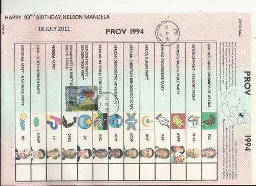 MANDELA 93RD BIRTHDAY CANCEL ON 1994 BALLOT SHEET-PARLIAMENT CANCEL