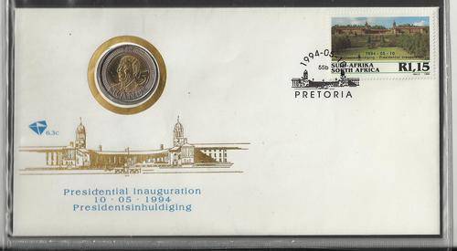 MANDELA 94 INAUGURATION FDC 6.3C WITH 90TH BIRTHDAY R5 COIN-UNCIRCULATED!!