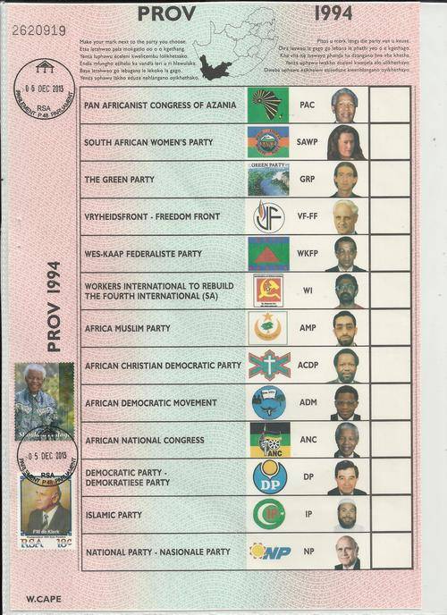 MANDELA&DE KLERK ON 1994 BALLOT SHEET-PARLIAMENT HANDCANCEL 5 DEC 2013