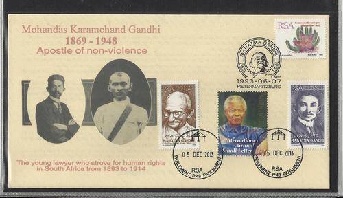 MANDELA AND GANDHI STAMPS TIED TO GANDHI COVER -PARLIAMENT CANCEL ON 5 DEC 2013