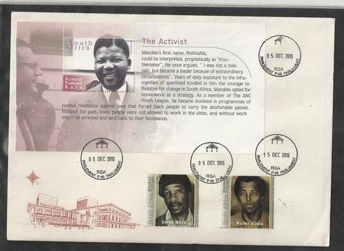 MANDELA ACTIVIST MINISHEET ON COVER,PARLIAMENT CANCEL 5 DEC AND 15 EC 2013