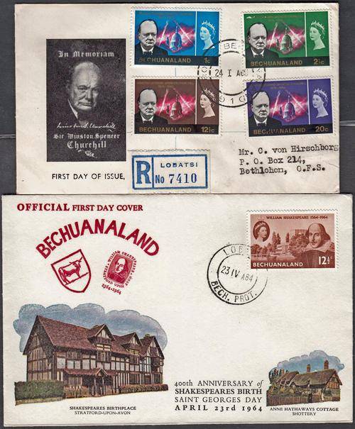 BECHUANALAND - WINSTON CHURCHILL & SHAKESPEARES BIRTHPLACE FDC'S - FAIR!!!!!