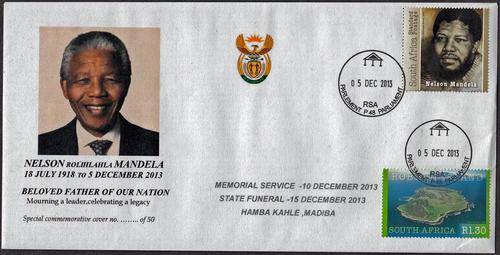 RSA - MANDELA MEMORIAL COVER WITH RIVONIA STAMP & ROBBEN ISLAND - PARLIAMENT CANCELS!!!!!
