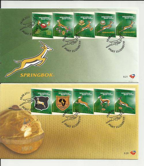 RSA-SPRINGBOK EMBLEM-SET OF TWO FDC 8.20,8.21-HIGH FACE VALUE R60-AS NEW
