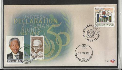 MANDELA,GANDHI ON HUMAN RIGHTS FDC-CANCELLED 10 DEC,INTERNATIONAL HUMAN RIGHTS DAY