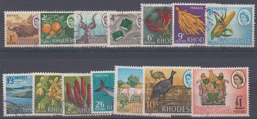 RHODESIA - 1966 QE2 SET OF SINGLES TO 1 POUND (MOST WITH VIOLET CANCELS) - FINE USED!!!!!