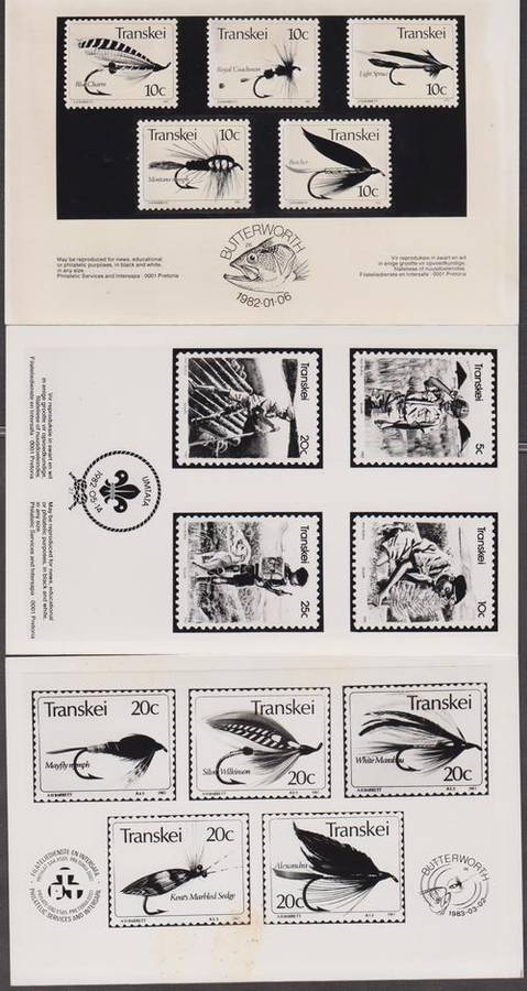 TRANSKEI - 3 X PHILATELIC SERVICES BLACK&WHITE PHOTOGRAPHS, 2 X FISHING FLIES & 1 X BOY SCOUTS-FINE!