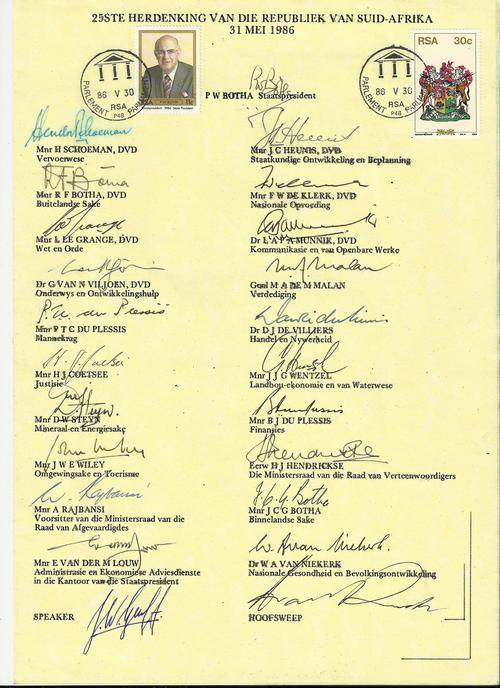RSA 25TH ANN.OF REP.-SIGNED BY PW BOTHA AND ALL 20 MINISTERS OF HOUSE OF ASSEMBLY!!ORIGINAL!!