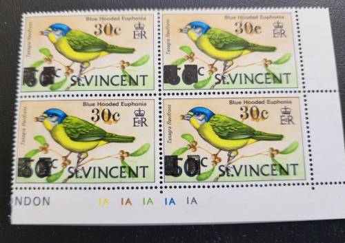 St VINCENT - 1973 30c Surcharge Control Block of 4- BIRDS `Blue Hooded Euphonia` fantastic item