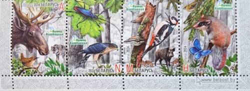 Thematic- Belarus 2014 FOREST LIFE Se-tenant Marginal set (4) STUNNING  Birds,BFlies,Animals, Insect
