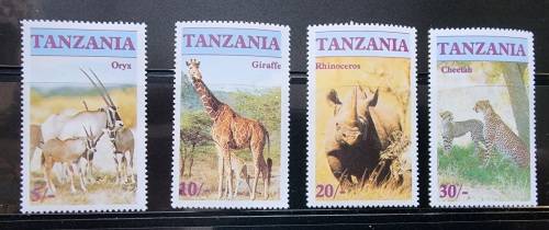 Thematic- Tanzania 1986 ANIMALS mnh set of 4- ORYX, giraffe, Rhino and Cheetah- beautiful set