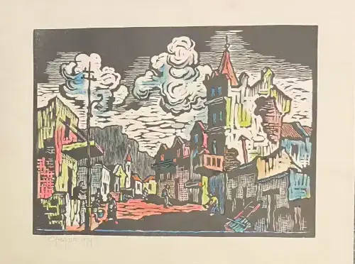 SIGNED!! GREGOIRE BOONZAIER PASTEL LINOCUT HAND-COLOURED SET IN DISTRICT SIX SIGNED AND DATED 1979