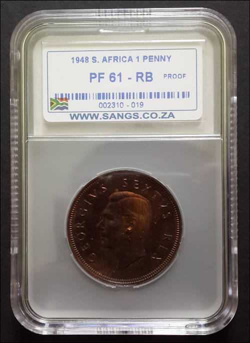 *** 1948 - UNION OF SA 1 PENNY PROOF - SANGS GRADED PF61 RB ***