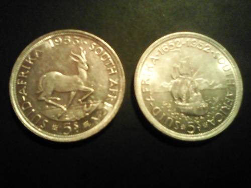 2 x South Africa 5s Silver Crowns Circa 1952 / 1953 - Sold as one lot