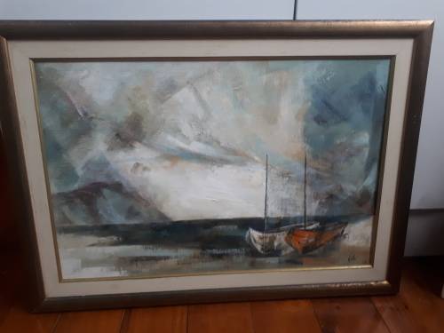 Renowned American Artist Gregory Hull (1950 - ) Oil On Board Fishing Boats