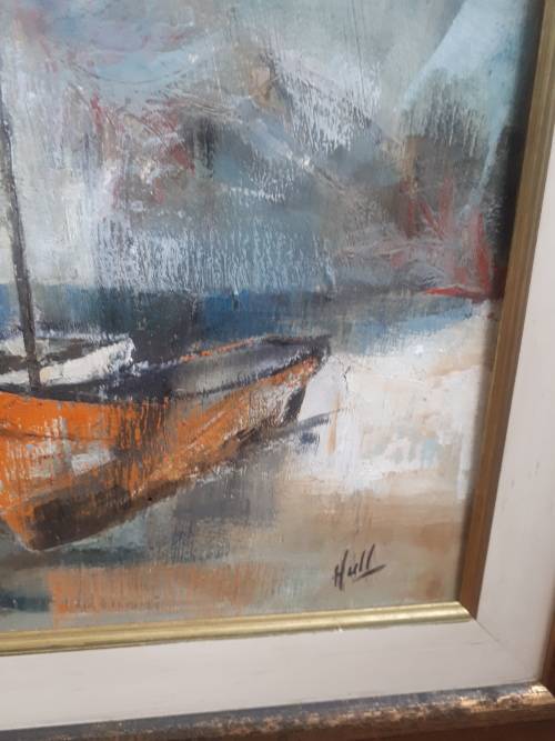 Renowned American Artist Gregory Hull (1950 - ) Oil On Board Fishing Boats