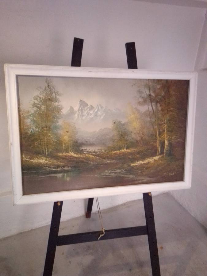 K. Scott 20th - C Oil on Board `Mountains @ Stream` Signed