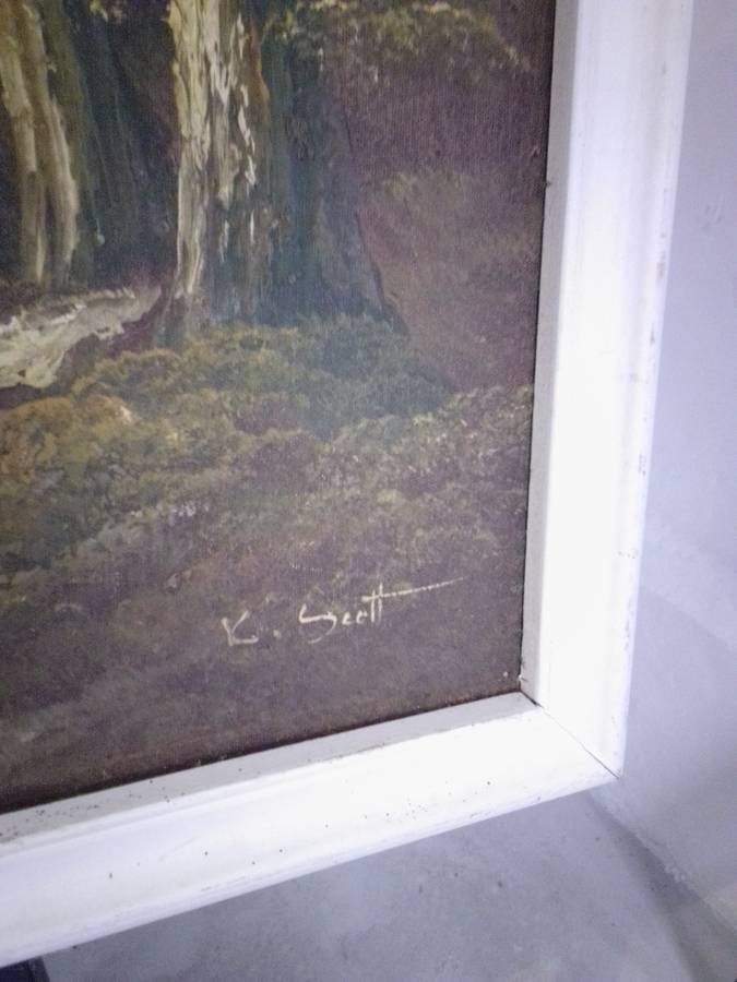 K. Scott 20th - C Oil on Board `Mountains @ Stream` Signed