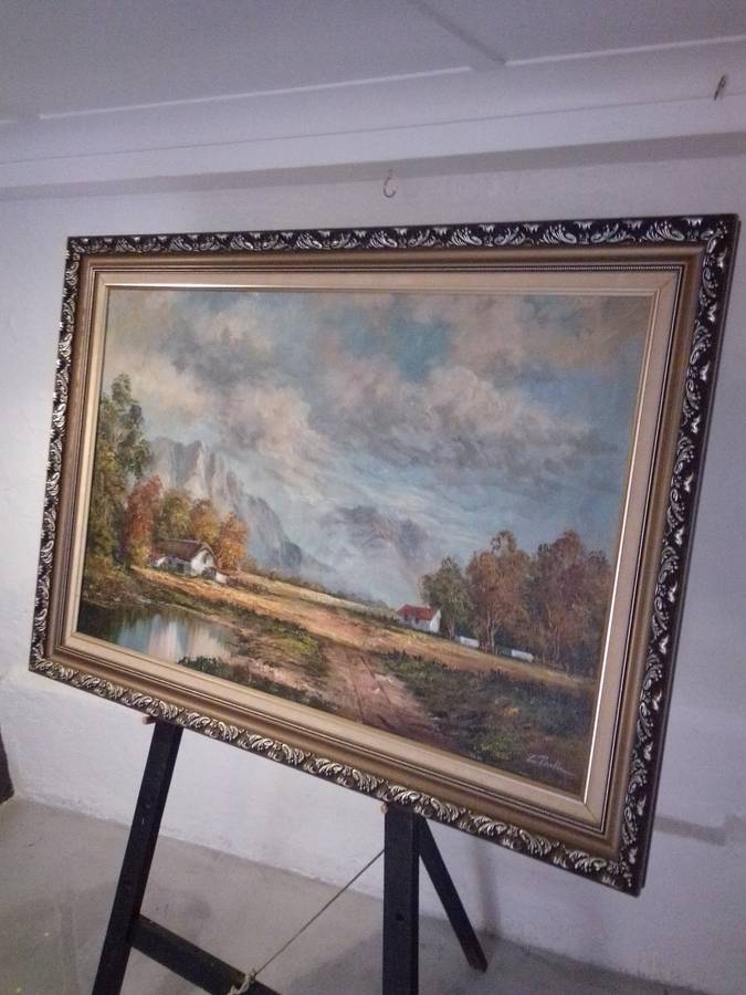 Renowned 20th-C SA Artist L. Parker Oil on Board `Rural Farm` Signed