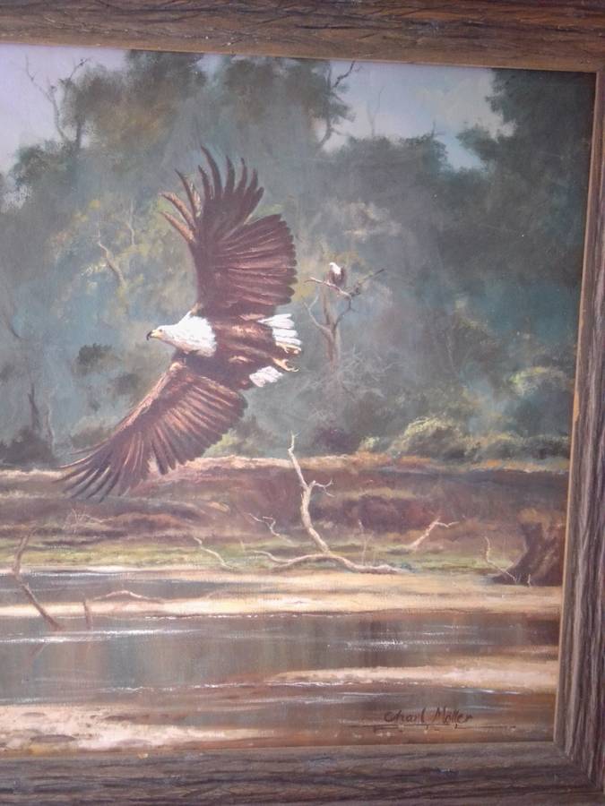 Internationally Acclaimed 20th-C SA Artist Charl Moller Oil on Canvas 'Fish Eagle'