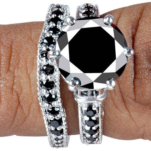 SOLID 925 SILVER -5.61ct - Stunning Black Moissanite Diamond Ring! RING + BAND