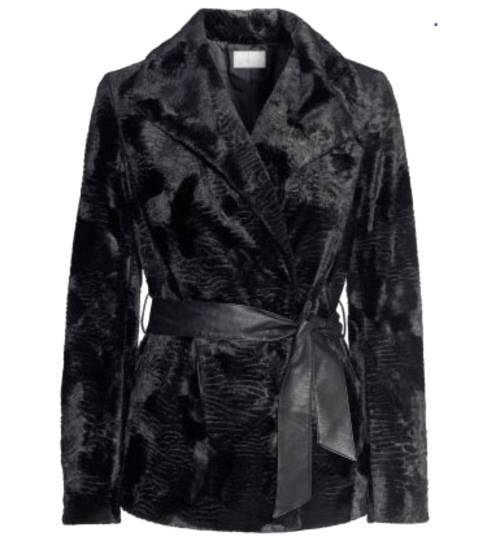 H&M Black Belted Faux Fur Jacket