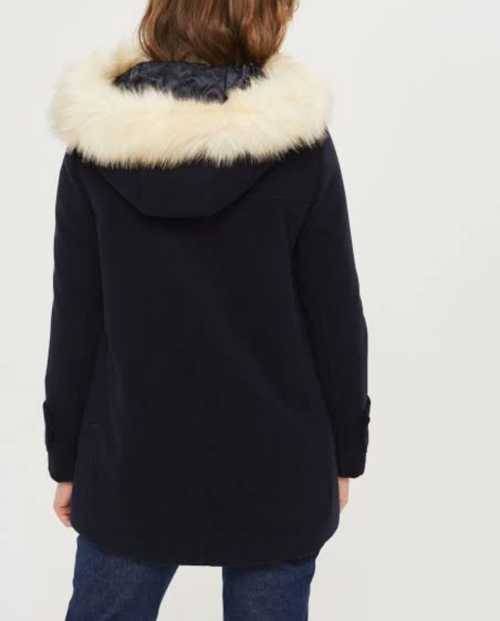 Beautiful Navy Swing Coat with faux fur trim Hood