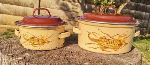 2 really old Enamel Pots with beautiful design