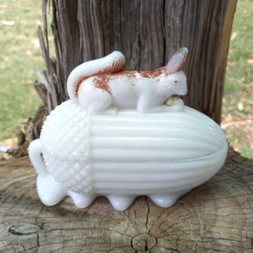 Vintage Milk glass Acorn squirrel dish