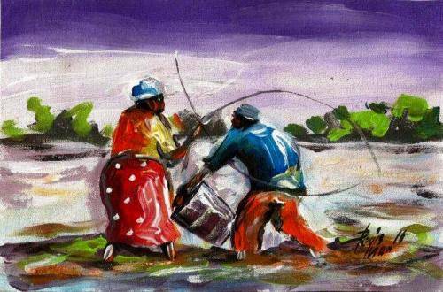 Beautifu acrylic painting by artist Regis Manje titled Fishing
