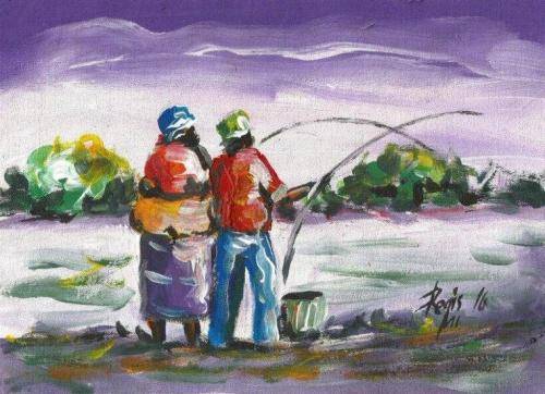 Beautifu acrylic painting by artist Regis Manje titled Lovers Fishing