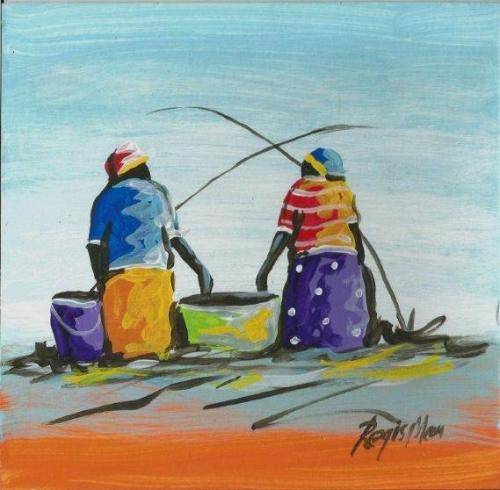 Beautifu acrylic painting by artist Regis Manje titled Woman fishing I