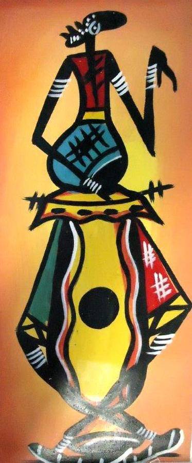 Wonderful oil painting by artist Rodrick Chadehumbe titled Tribal drums